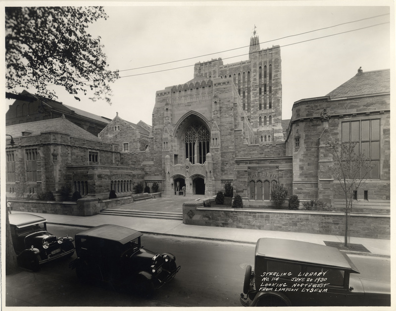 Black and white view, dated June 20, 1930, of Sterling Memorial Library from High Street, labeled as "looking northwest from Lampson Lyseum"