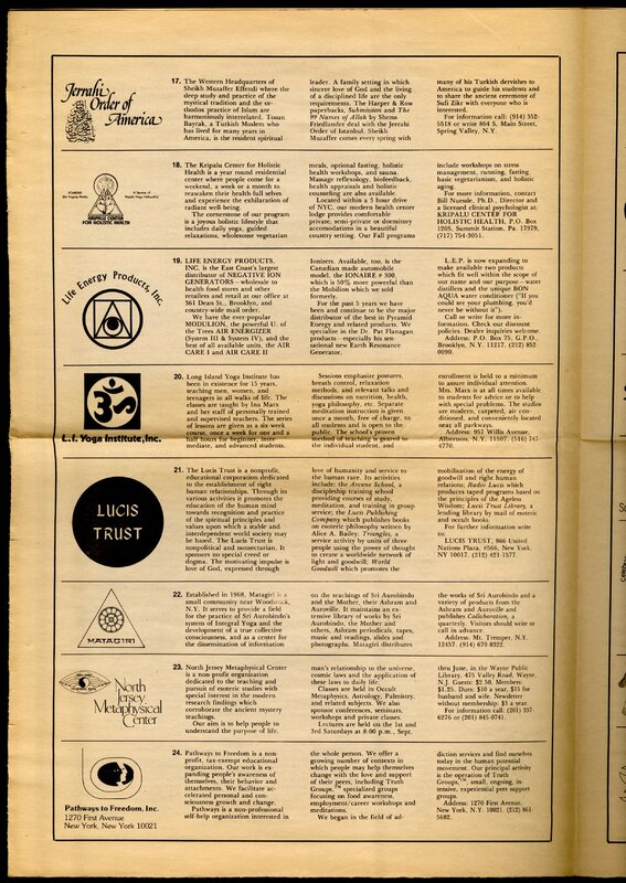 Interior page of Free Spirit, including listings for the Jerrahi Order of America, Kripalu Center for Holistic Health, Live Energy Products, Inc, Long Island Yoga Institute,  Lucis Trust, Matagiri, North Jersey Metaphysical Center,  and Pathways to Freedom, Inc. 