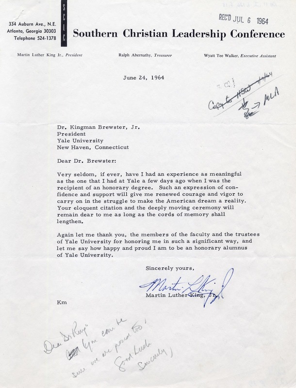 See details about the letter from Martin Luther King Jr to Yale president Kingman Brewster Jr thanking Yale for his honorary degree.