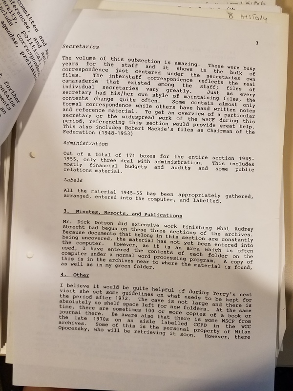 Third page of a report on the WSCF archives