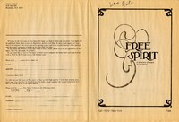 Cover page for Free Spirit: A directory of ways to transform, Fall 1979, New York, Free 

Hand written note at top: Lex File

Back page: 
Free Spirit
PO Box 279 
Riverdale, NY, 10471

Welcome to the first issue of Free Spirit. We hope you find it useful and instructive. Free Spirit will be published three time a year - in September, January and May. As more issues appear we hope that it will expand in its scope and service, giving a more and more complete picture for the spiritual and therapeutic guidance available in the New York City area. 
If you would like information on how to list in future issues, please write for an application to Free Spirit, Box 279, Riverdale, NY, 10471.
If you would like to receive Free Spirit by mail, please complete the form below and amil it to us with a check for $2 (one issue), or $5 (one year) 
