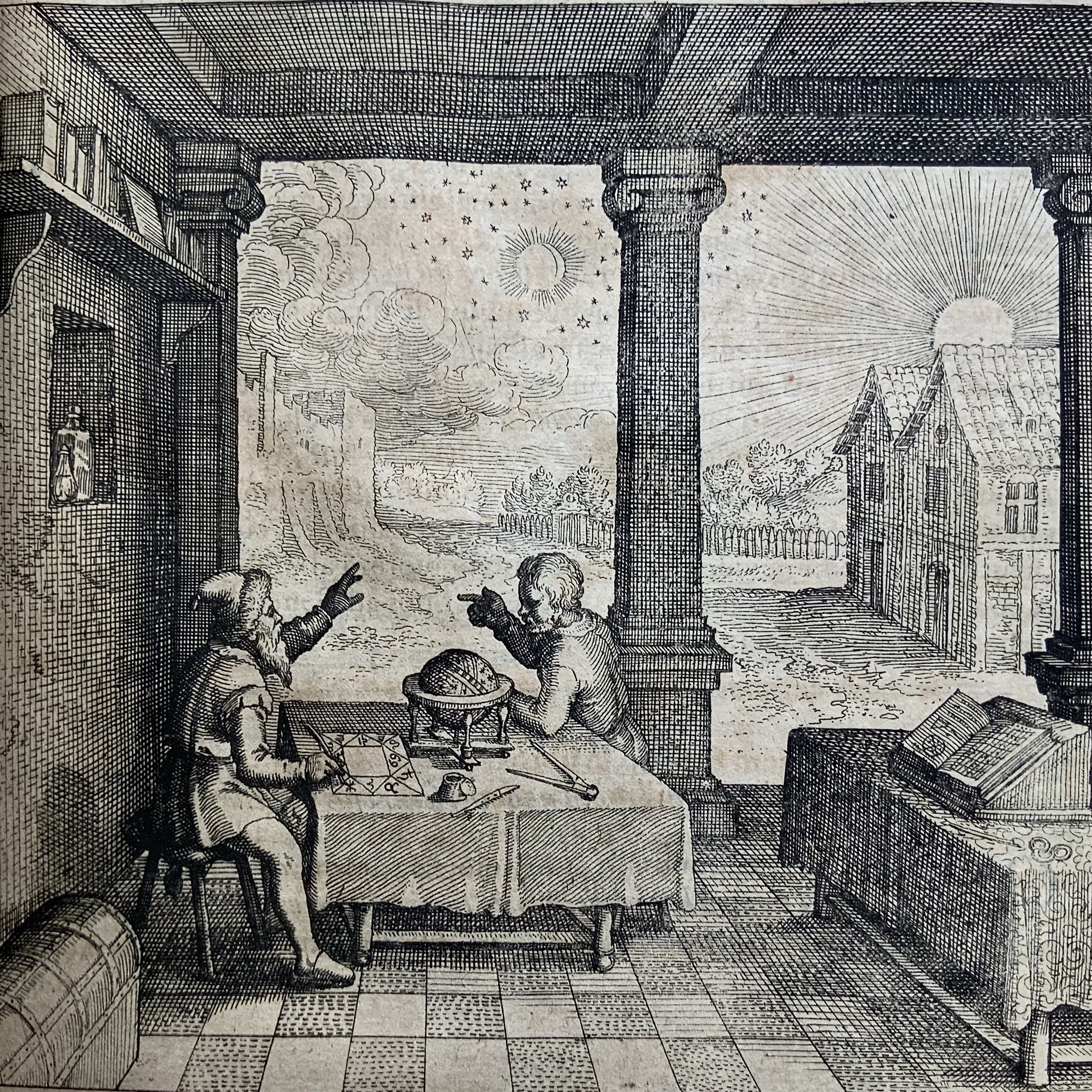 Astrologer in his study casting a horoscope for client, with sun, moon, and stars in the background